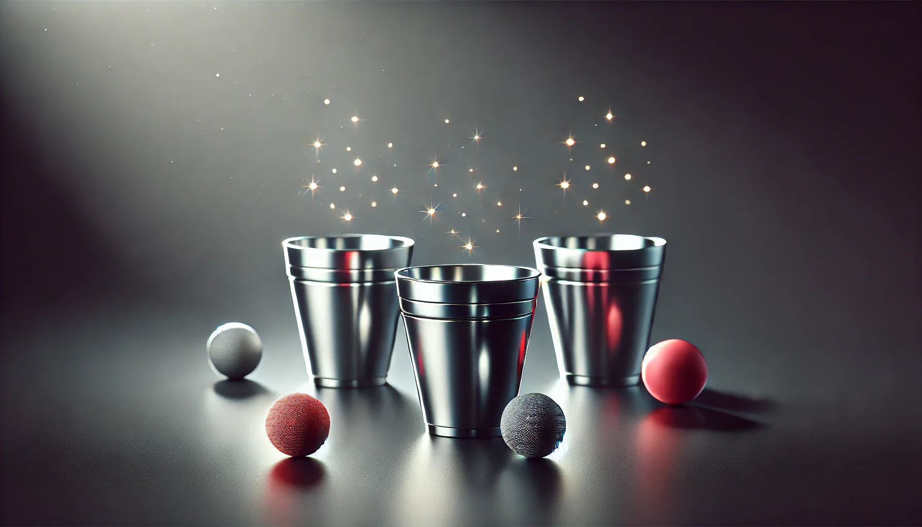 Three polished magician's cups and colorful balls arranged elegantly on a softly lit surface, accented by a sprinkle of magical sparkles — embodying the timeless art of the Cups and Balls routine, brought to you by 52Kards.