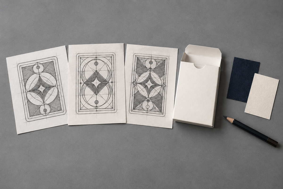 Card-back concept sketches, a blank tuck box and material swatches.
