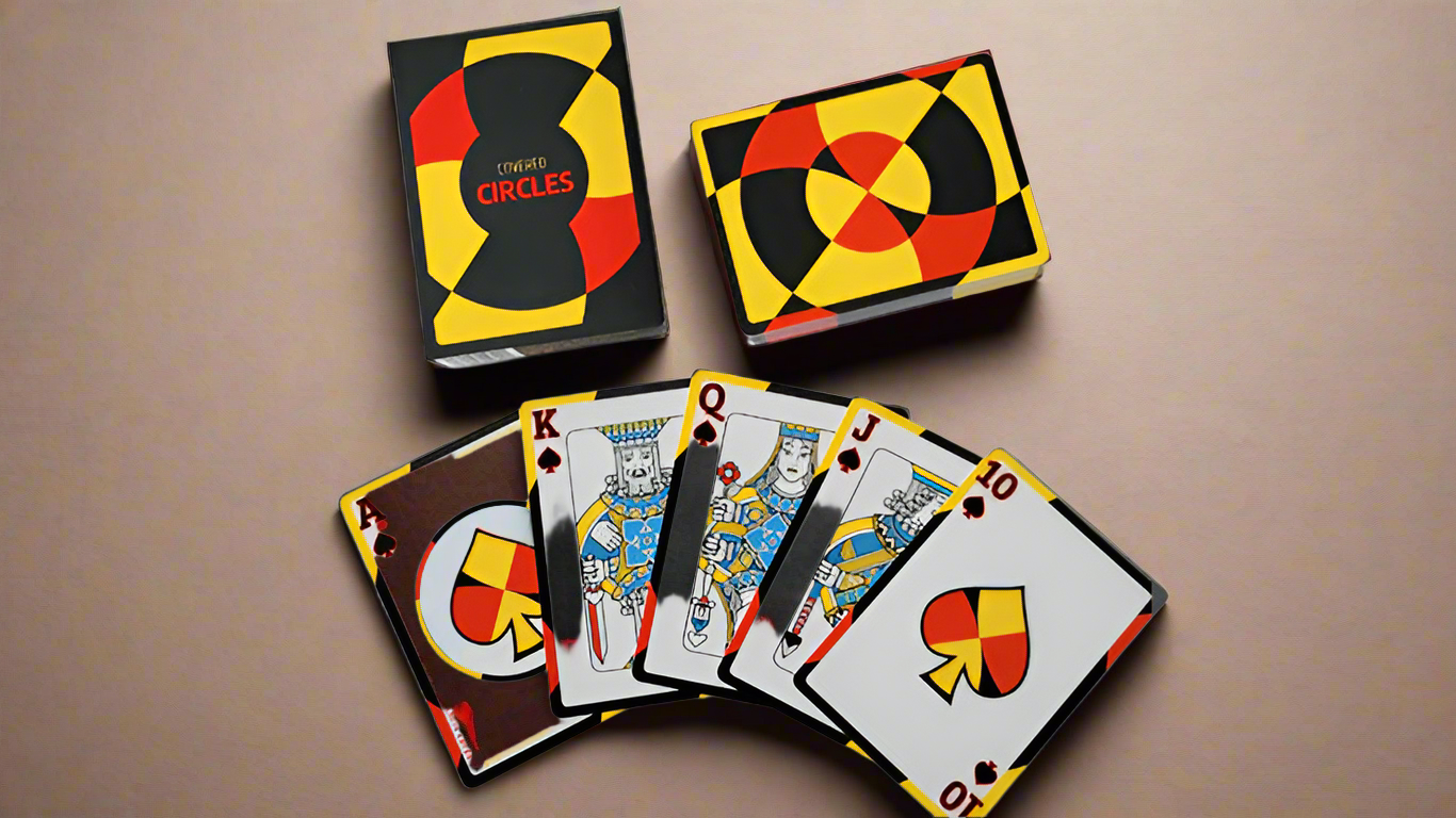 Chris Cards Covered Circle (Standard Edition) Playing Cards featuring bold geometric designs in red, yellow, and black, with custom artwork on the card faces. The box displays the title 'Card Circles,' with cards fanned out showing the King, Queen, Jack, and 10 of Spades, and the Ace of Spades highlighting the vibrant design.