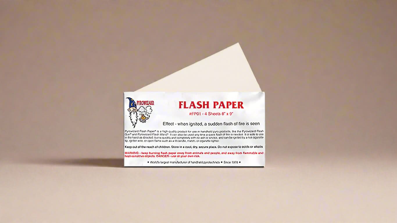 Flash Paper by Murphy's Magic, a pack of 4 sheets measuring 8x9 inches, designed for creating sudden bursts of flame during magic tricks. The packaging features a whimsical wizard logo and detailed safety instructions