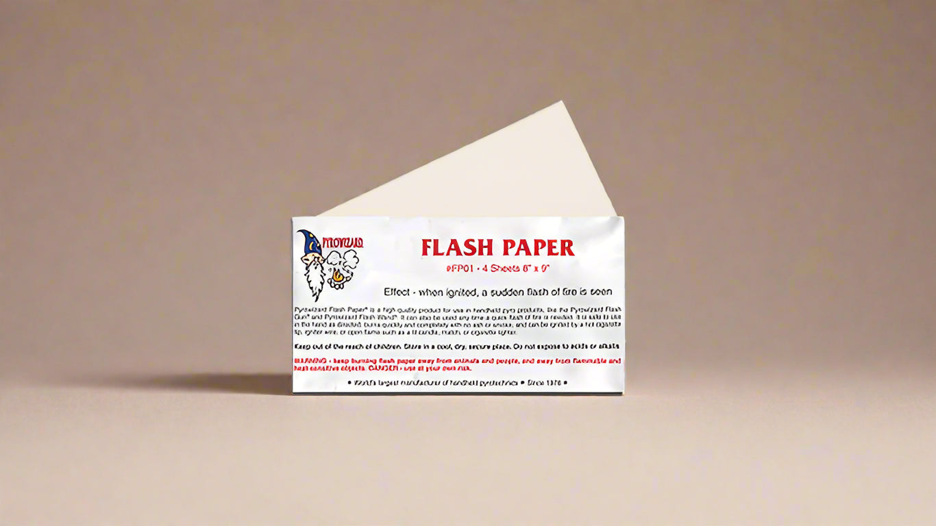 Flash Paper by Murphy's Magic, a pack of 4 sheets measuring 8x9 inches, designed for creating sudden bursts of flame during magic tricks. The packaging features a whimsical wizard logo and detailed safety instructions