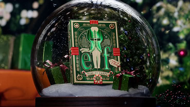 elf playing cards in a snow globe with christmas presents availabel at 52kards