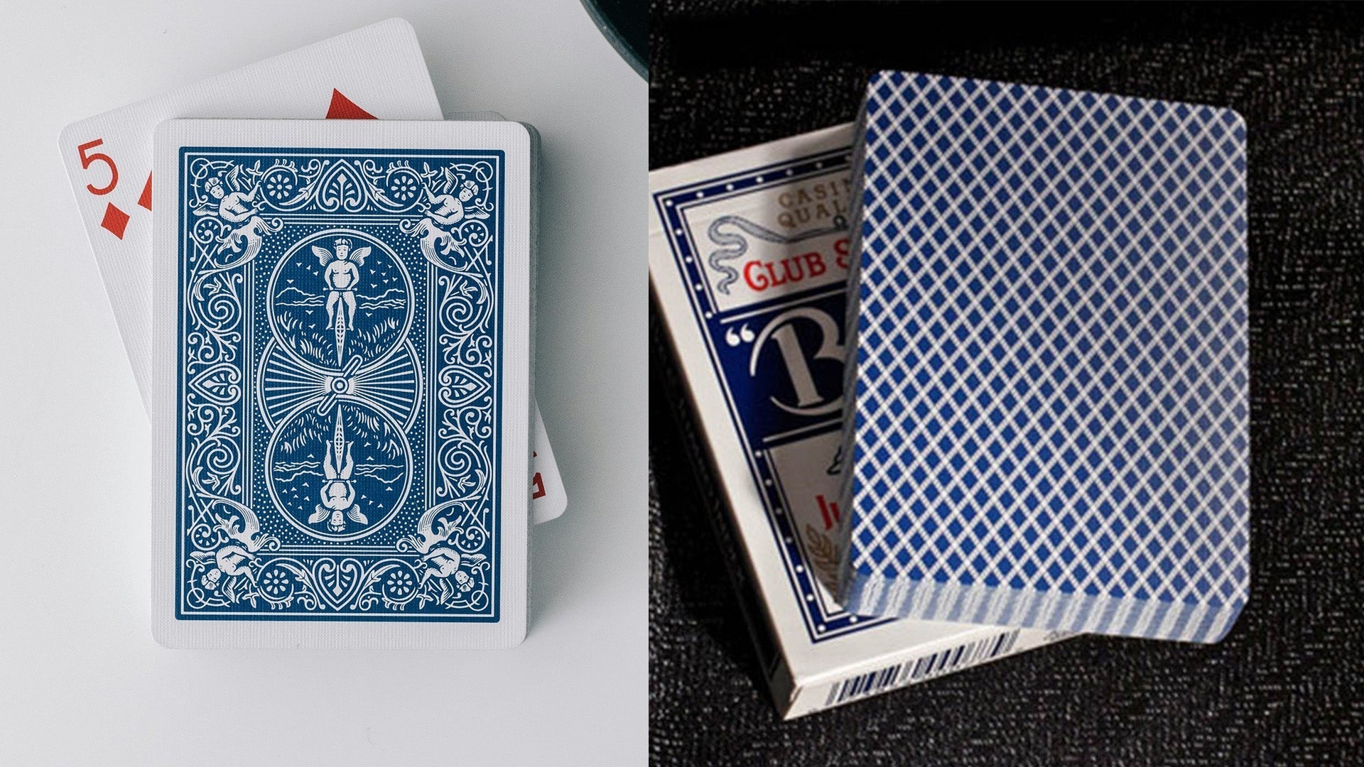 Comparison of a bordered Bicycle playing card with intricate designs next to a borderless Bee playing card with a seamless geometric pattern.