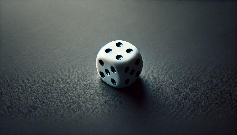 A minimalistic flat-lay photo of a regular die, showcasing six dots on one side, placed on a dark matte grey surface with soft diffused lighting highlighting the details.
