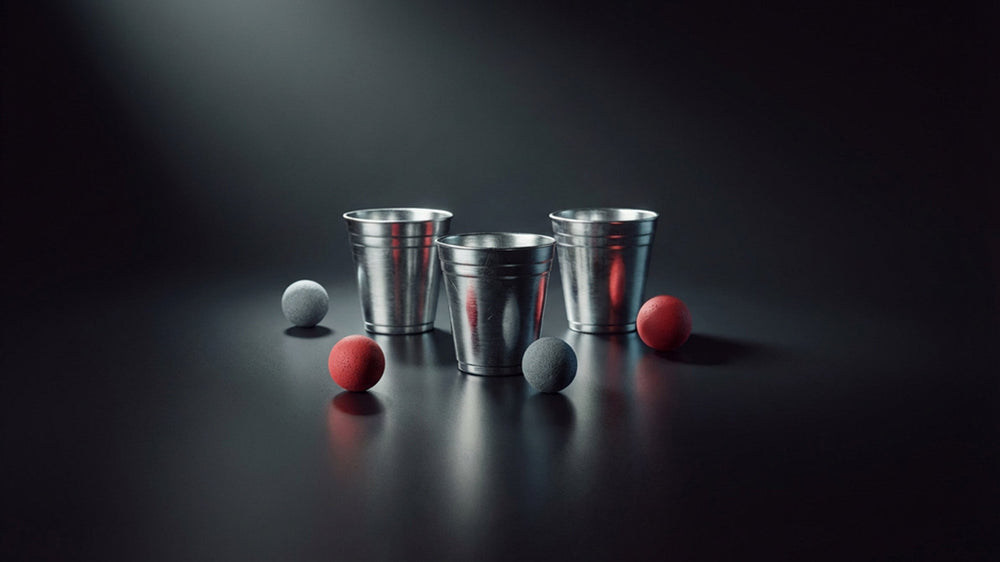 Three polished magician's cups and colorful balls arranged elegantly on a softly lit surface, accented by a sprinkle of magical sparkles — embodying the timeless art of the Cups and Balls routine, brought to you by 52Kards.