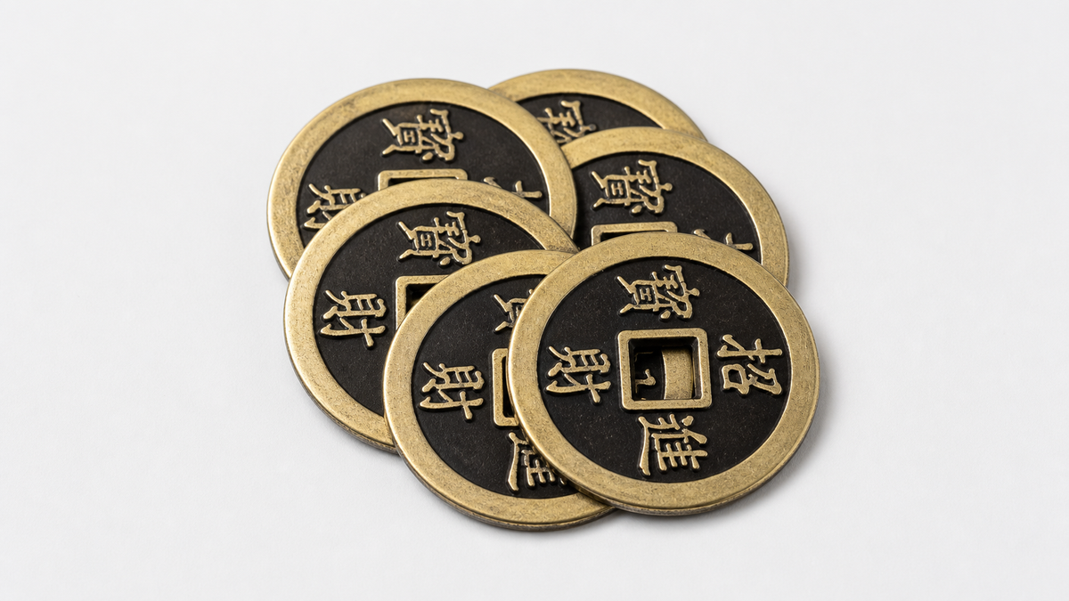 Chinese Half Dollar (Black) Coin - Trick on a neutral studio background