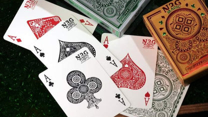 N2G Magic playing cards with various card ace faces displayed on a dark surface.
