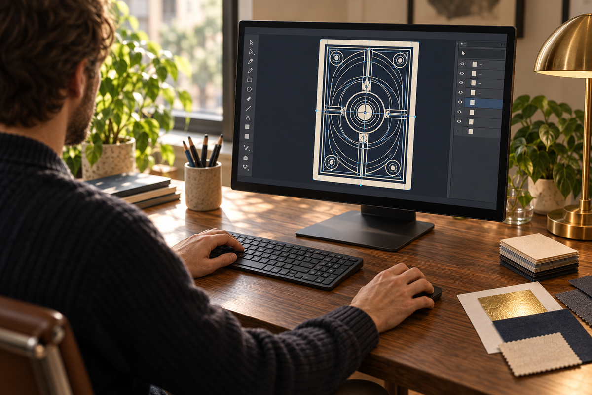 Designer using a keyboard and mouse to refine digital playing-card artwork.