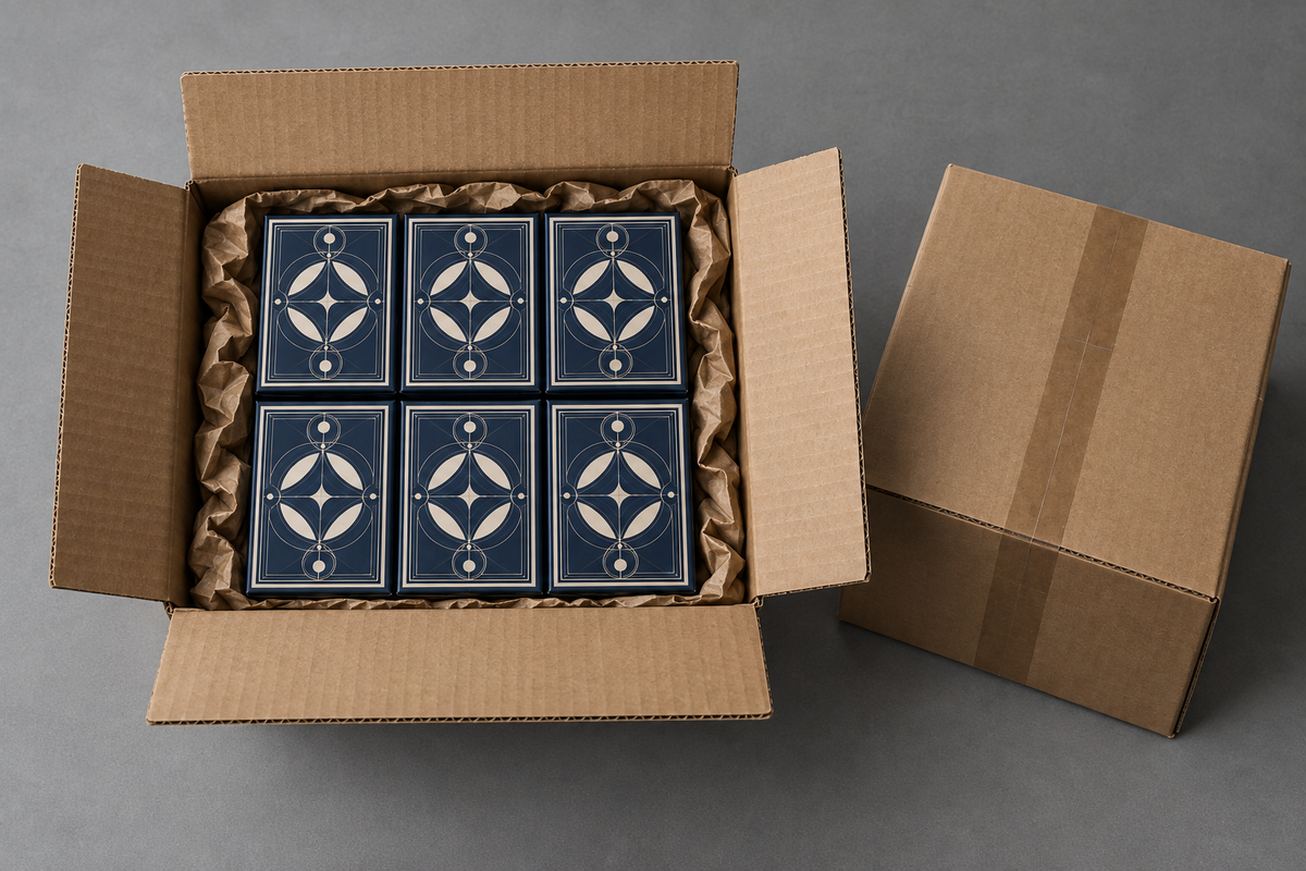 Six custom playing-card decks protected with kraft paper in a shipping carton.