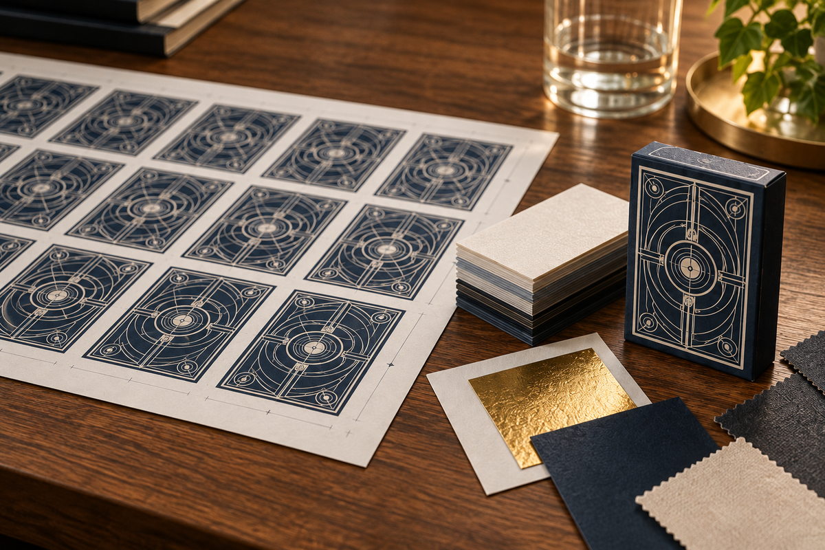 Playing-card print proofs, cardstock samples, foil and a matching tuck box.
