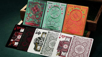 Collection of colorful playing cards by n2g with intricate designs on a dark surface.