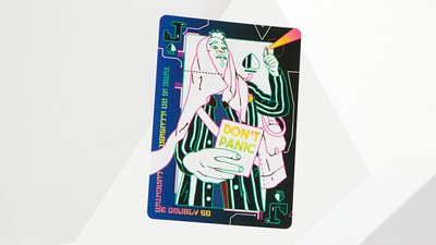 Hitchhiker's Guide custom card featuring a figure holding a Don't Panic sign