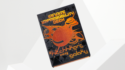 Front of the black-and-orange Hitchhiker's Guide Infinite Improbability tuck box