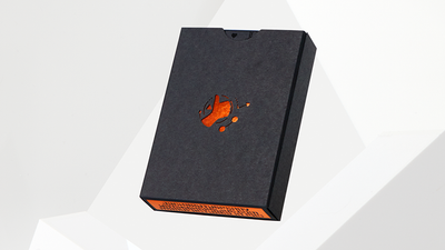 Back of the black Hitchhiker's Guide tuck box with an orange abstract emblem