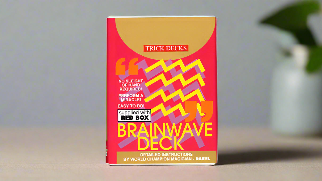 Product packaging for the 'Brainwave Deck' trick deck. The box is red with bold yellow and white text, featuring zigzag patterns and large quotation marks. It highlights 'No sleight of hand required' and 'Perform a miracle!' with detailed instructions by world champion magician Daryl. The top has a 'TRICK DECKS' label and mentions that the deck is supplied with a red box.