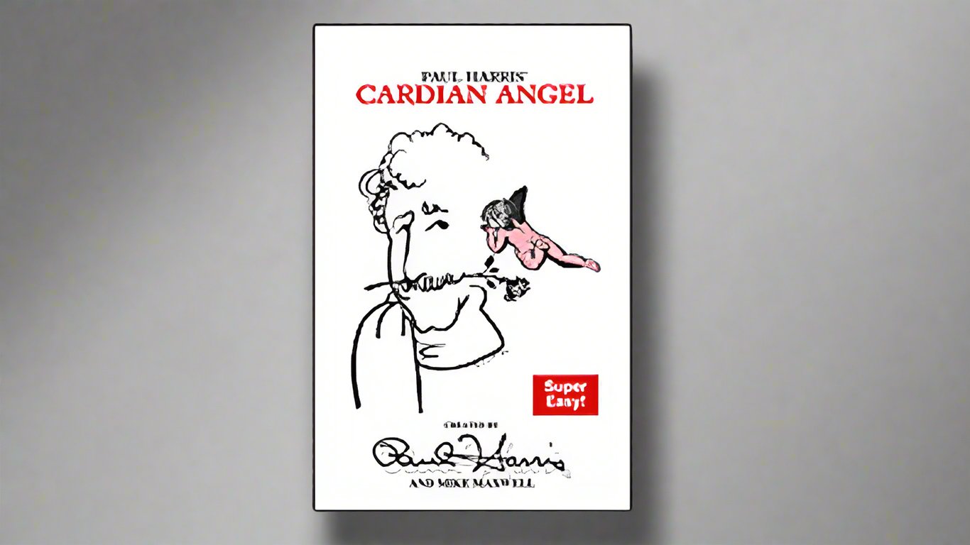 Product packaging for 'Cardian Angel' by Paul Harris. The box features a minimalist white background with a black line drawing of an angel blowing a kiss, alongside a small pink angel illustration. The text 'Super Easy!' is highlighted in a red box, with the creator’s name, Paul Harris, at the bottom.