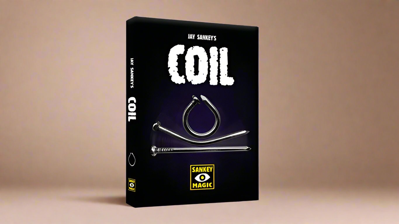 "Product packaging for 'Jay Sankey's COIL' magic trick, featuring an image of bent metal nails and a coil on a black box with bold white text. The logo for 'Sankey Magic' is displayed at the bottom in yellow.