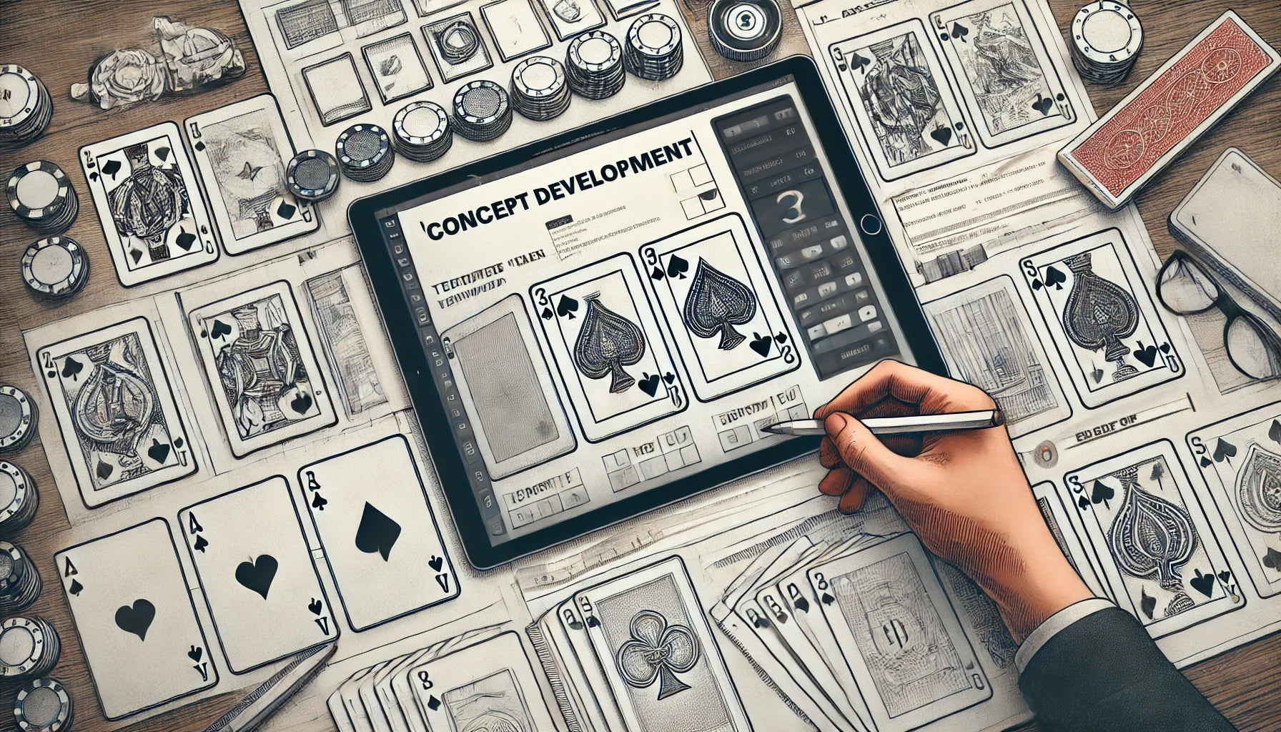 A designer at a professional workspace refining rough sketches of playing cards on a tablet. Templates and guidelines for card design are displayed, surrounded by playing card samples and measuring tools. The image emphasizes creativity, precision, and attention to detail in the concept development stage of custom playing card creation. No visible text is present.