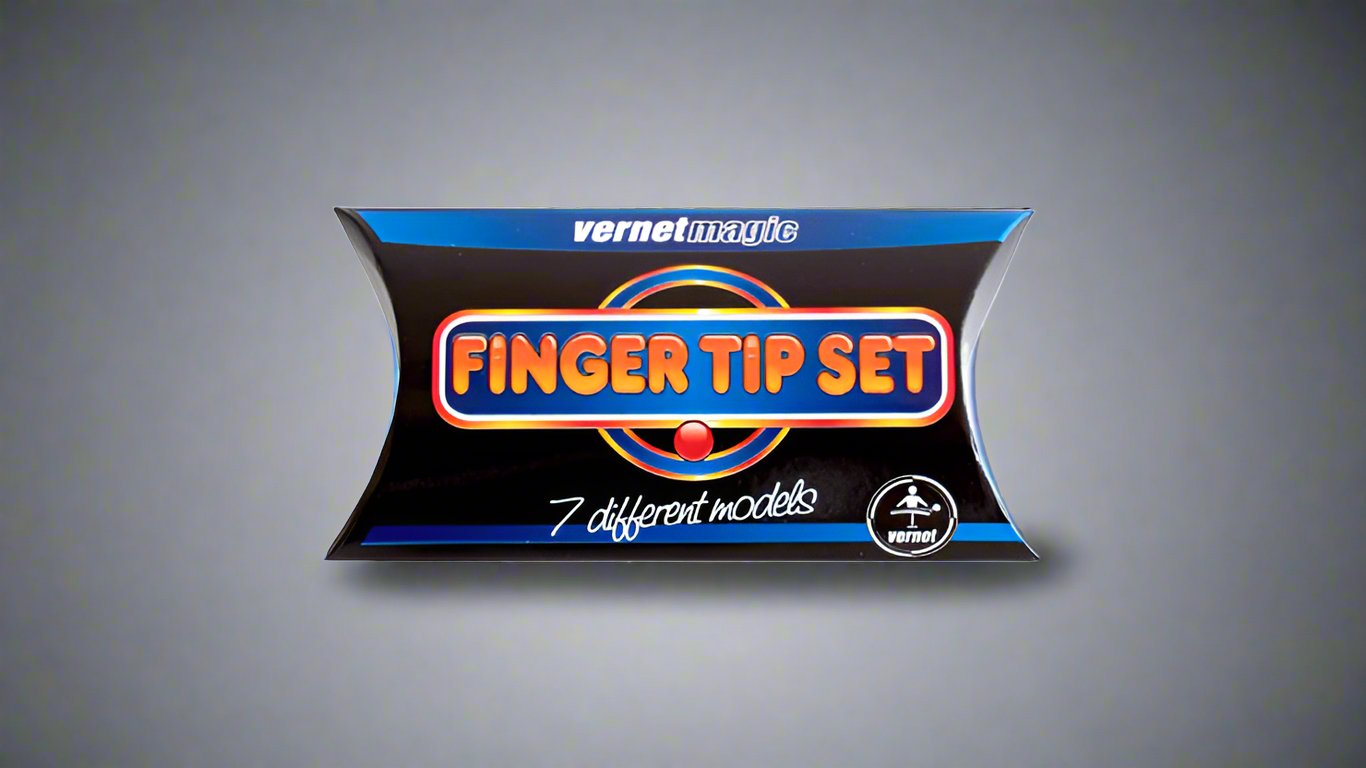 Product packaging for 'Finger Tip Set' by Vernet Magic. The box is black with bold red, yellow, and blue text. It features the words '7 different models' in white cursive and the Vernet Magic logo in the bottom right corner.