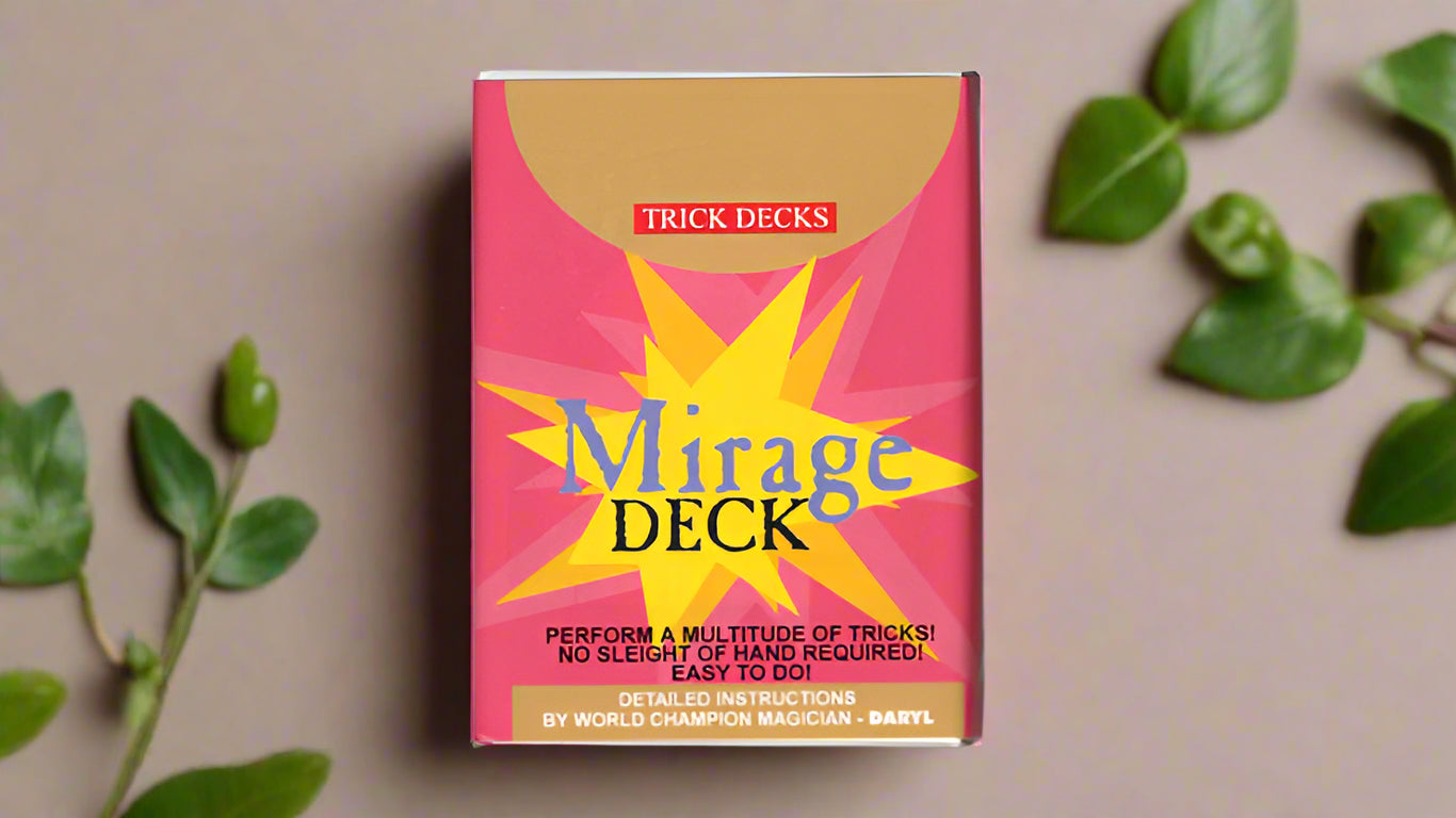 Product packaging for the 'Mirage Deck' trick deck. The box is pink with a bright yellow starburst design, bold text that says 'Mirage Deck,' and highlights 'No sleight of hand required' and 'Easy to do!' Instructions are by world champion magician Daryl, with a 'TRICK DECKS' label at the top.