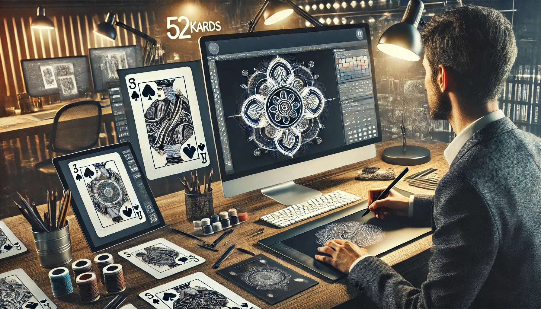 A designer in a modern studio working on custom playing card designs at a computer. The workspace includes a tablet, stylus, and monitors displaying intricate card artwork in progress, representing the design execution stage of playing card creation.