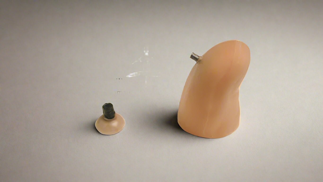 Close-up image of a magician's thumb tip and an additional small attachment, both flesh-toned. The thumb tip is standing upright with a small metal nozzle at the top, placed on a neutral gray background.