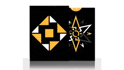 Front and back of the Cardistry Fanning Yellow tuck box with geometric designs