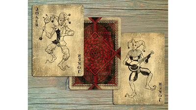 Two Bicycle Vintage Jokers flanking a central card back