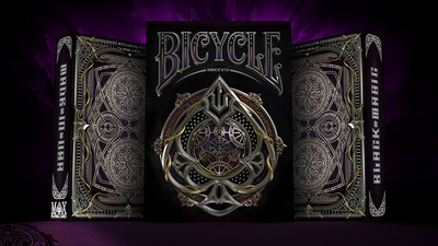 Three Bicycle Black Magic tuck boxes standing side by side, showing front and back designs