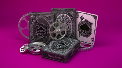 ARISTO Steampunk tuck box, custom Ace of Spades, card back, and gear props