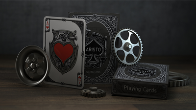 ARISTO Steampunk tuck box, Ace of Hearts, card back, and metal gear props