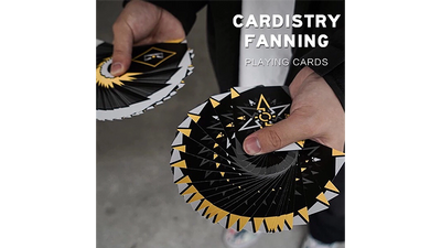 Montage of hands displaying two circular fans of Cardistry Fanning Yellow cards