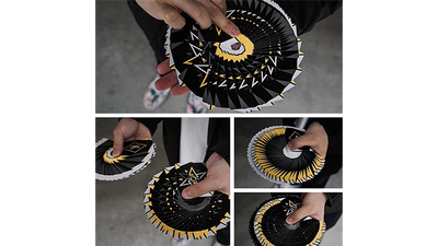 Montage of hands displaying several fan patterns with Cardistry Fanning Yellow cards