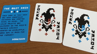 Two pixel-art 8 Bit Jokers beside a blue instruction card