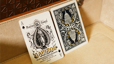 Bicycle Capitol custom Ace of Spades and ornate card back propped upright
