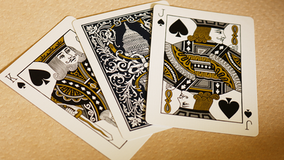 Bicycle Capitol King of Spades, ornate card back, and Jack of Spades arranged together