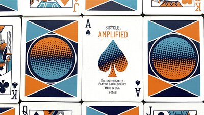 Bicycle Amplified Ace of Spades centered between geometric card backs and cropped court cards