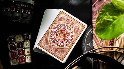Squared Bicycle Scarlett deck showing its card back on a vinyl record