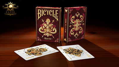 Two burgundy Bicycle Royale tuck boxes standing behind two face-up court cards