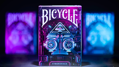 Front of the Bicycle Cybershock tuck box centered between blurred purple and blue card images