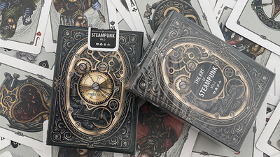 Front and back of the ARISTO Steampunk V2 tuck box standing among custom cards