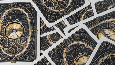 Overlapping ARISTO Steampunk V2 card backs with clockwork artwork