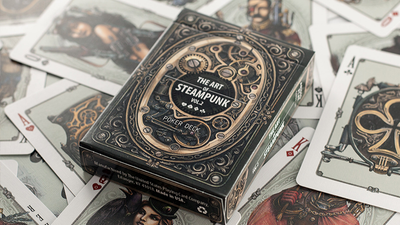 ARISTO Steampunk V2 tuck box lying on scattered custom face-up cards