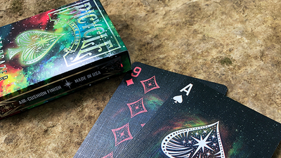 Bicycle Stargazer Nebula Nine of Diamonds and Ace of Spades below the tuck box