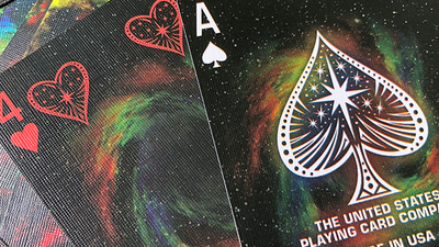 Bicycle Stargazer Nebula Four of Hearts and Ace of Spades beside a card back