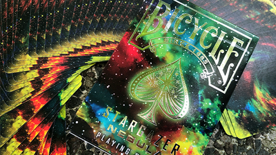 Bicycle Stargazer Nebula tuck box lying over a fan of card backs
