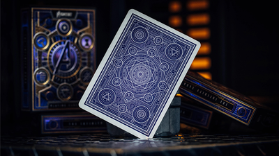 Purple Avengers card back propped against matching tuck boxes