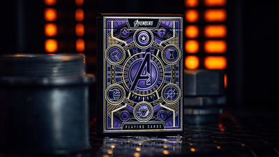 Purple-and-gold Avengers playing-card tuck box with circular hero symbols