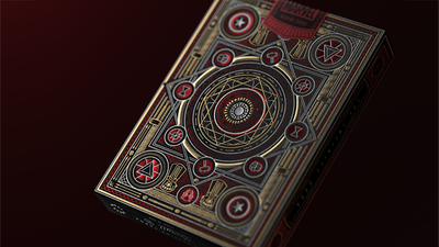 Back of the red-and-black Avengers tuck box with concentric rings and Marvel symbols