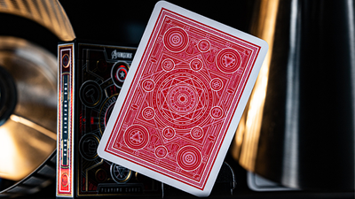 Red Avengers card back displayed in front of matching black-and-red tuck boxes